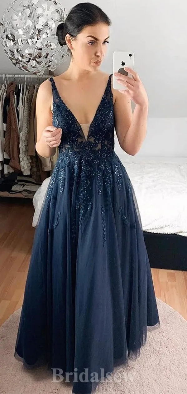 A-line V-Neck Sleeveless Tulle Popular Elegant Modest Long Party Evening Prom Dresses PD1312
