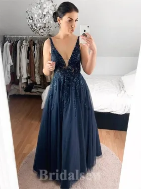 A-line V-Neck Sleeveless Tulle Popular Elegant Modest Long Party Evening Prom Dresses PD1312