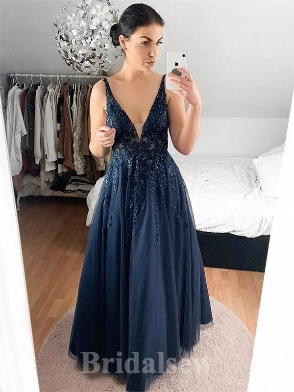 A-line V-Neck Sleeveless Tulle Popular Elegant Modest Long Party Evening Prom Dresses PD1312