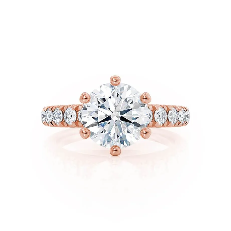 BELLE - Round Moissanite 18k Rose Gold Shoulder Set Ring
