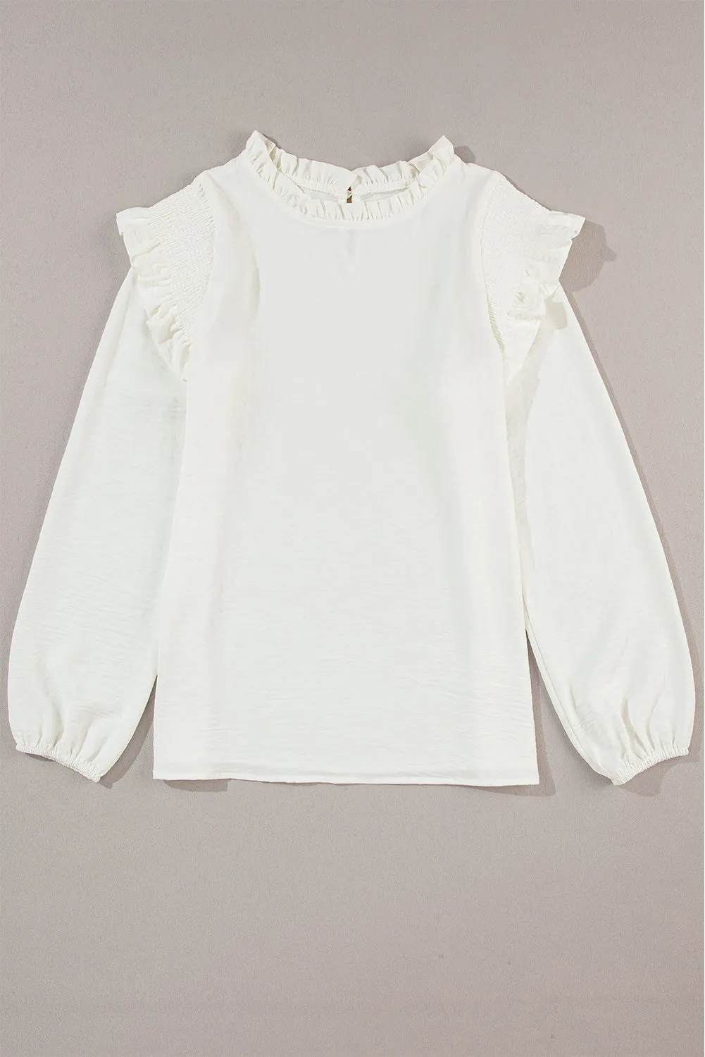 Black Frilled Neck Ruffled Trim Bubble Sleeve Blouse