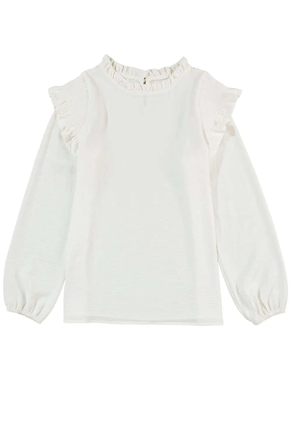 Black Frilled Neck Ruffled Trim Bubble Sleeve Blouse