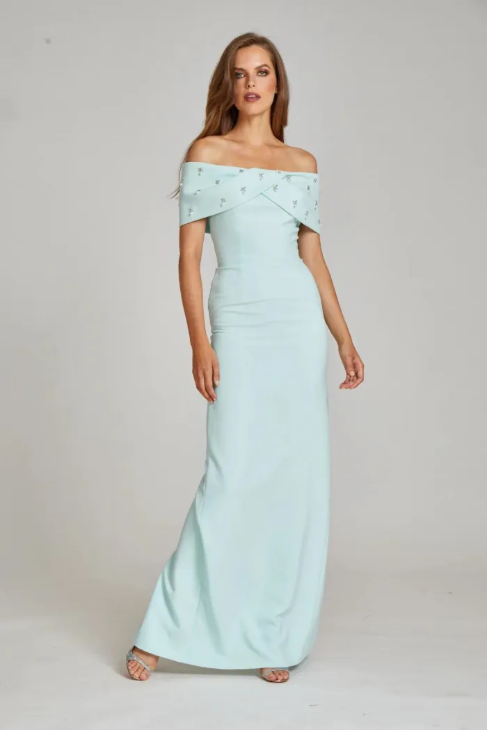 Crepe Off Shoulder Jewel Trim Portrait Column Gown