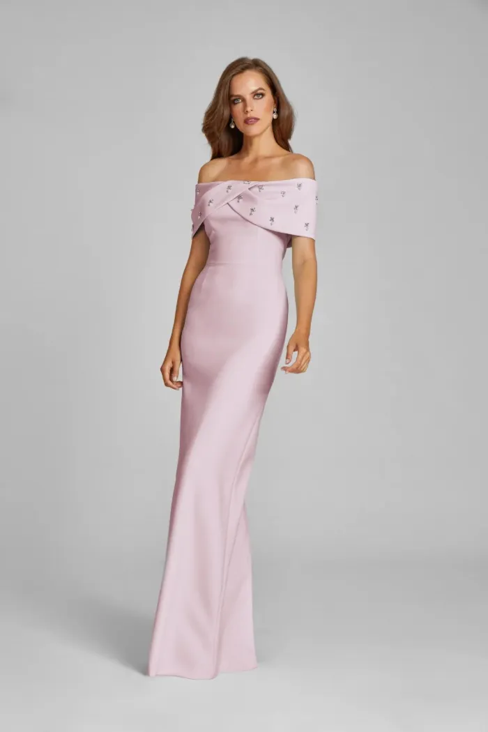 Crepe Off Shoulder Jewel Trim Portrait Column Gown