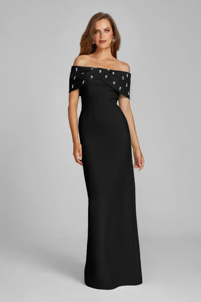 Crepe Off Shoulder Jewel Trim Portrait Column Gown
