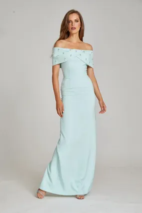 Crepe Off Shoulder Jewel Trim Portrait Column Gown