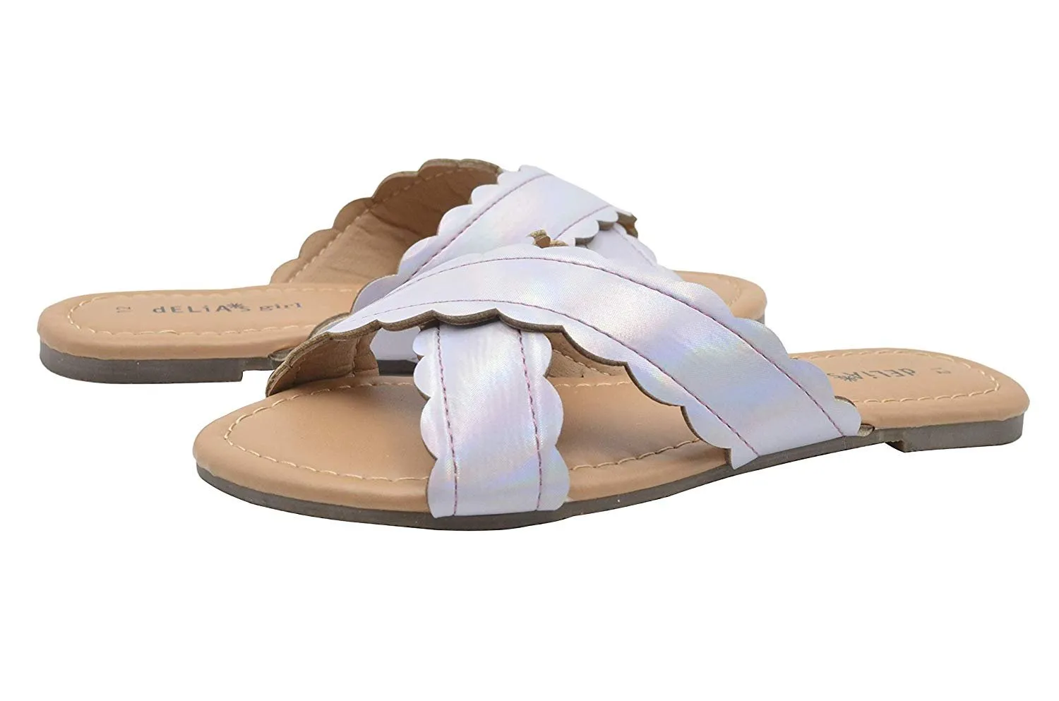 dELiAs Girls Fashion Sandals Holographic Slide Slide Flip Flops with Scalloped Edges