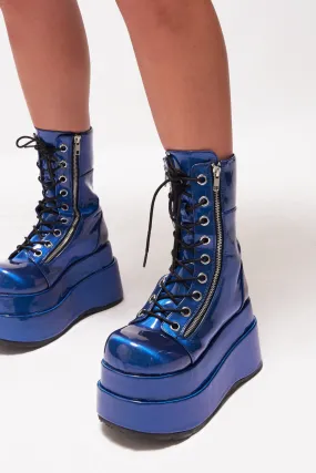 Demonia Blue Patent Lace Up Boots