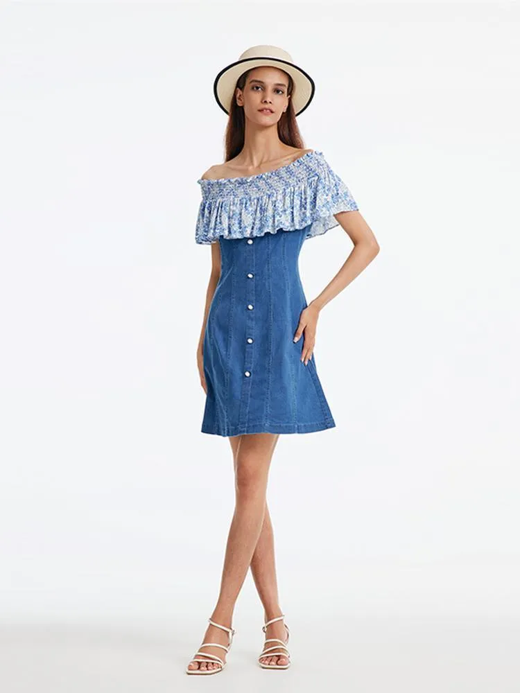 Denim Dress With Patchwork Floral