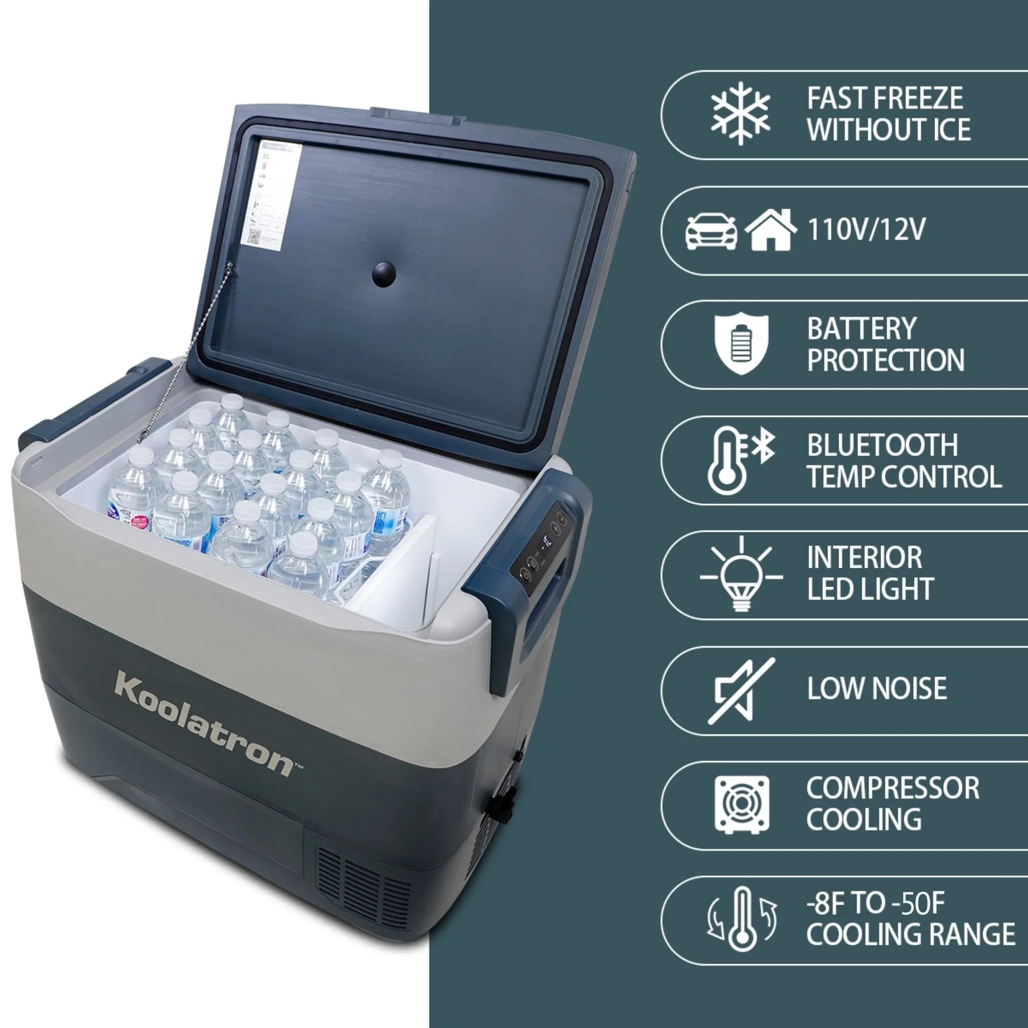 Koolatron 12 Volt Portable Freezer Refrigerator w/ Bluetooth Controls 54 qt (50L) Electric Cooler, 12V DC/110V AC Cords Included, Compressor Cooling -8 to 50°F (-22 to 10°C), Travel Car Fridge, Gray