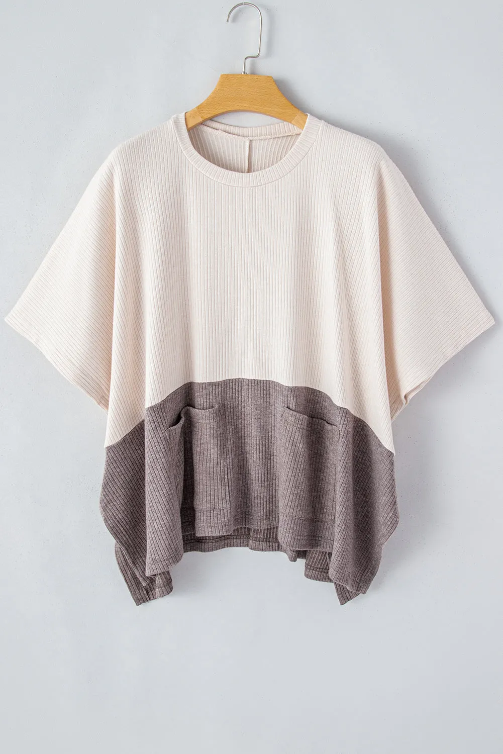 Pale Khaki Color Block Ribbed Knit Split Side Poncho
