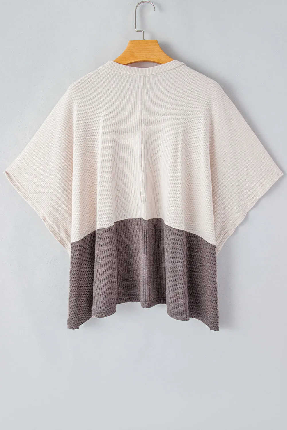 Pale Khaki Color Block Ribbed Knit Split Side Poncho