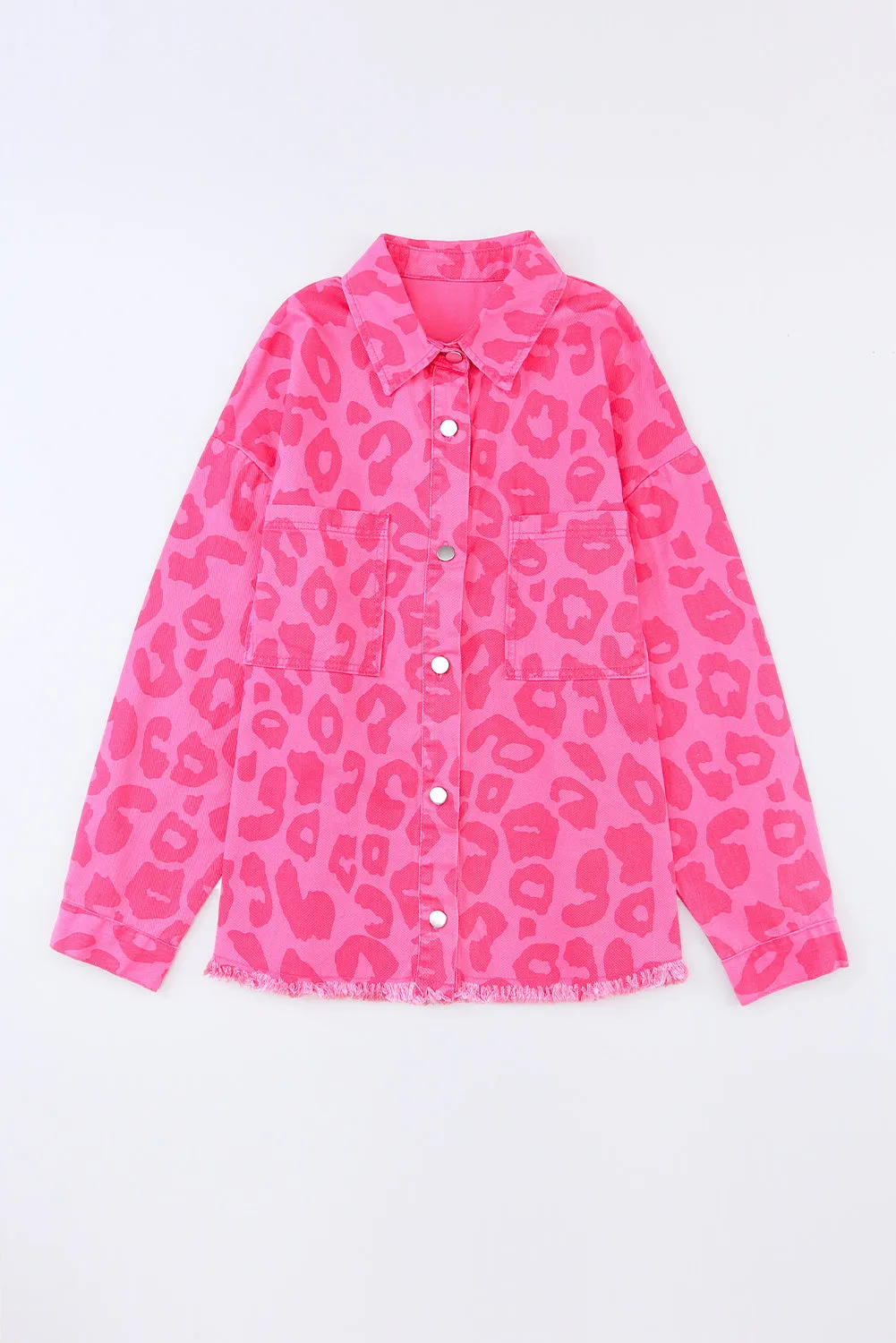 Pink Leopard Print Button Cuffs Raw Hem Jacket