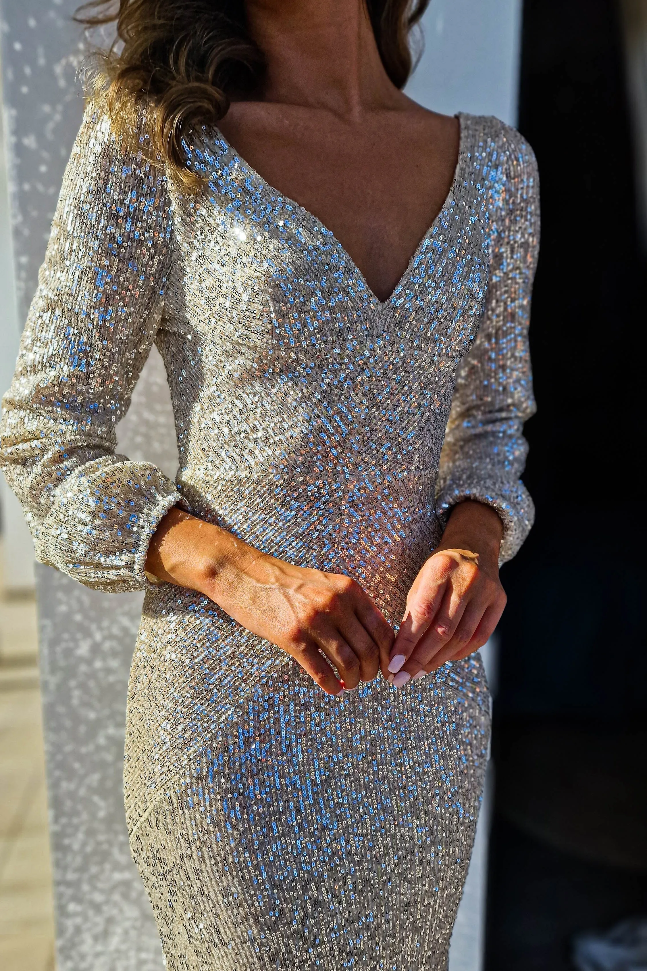 Sorelle Sequin Long Sleeve Gown | Champagne