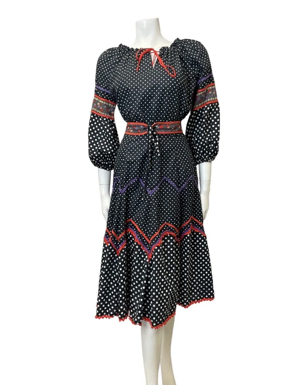 VINTAGE 60s 70s BLACK WHITE RED POLKA-DOT FLORAL BOHO FOLK SWING DRESS 8 10