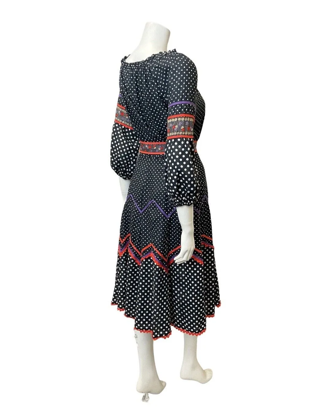 VINTAGE 60s 70s BLACK WHITE RED POLKA-DOT FLORAL BOHO FOLK SWING DRESS 8 10