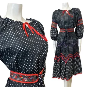VINTAGE 60s 70s BLACK WHITE RED POLKA-DOT FLORAL BOHO FOLK SWING DRESS 8 10