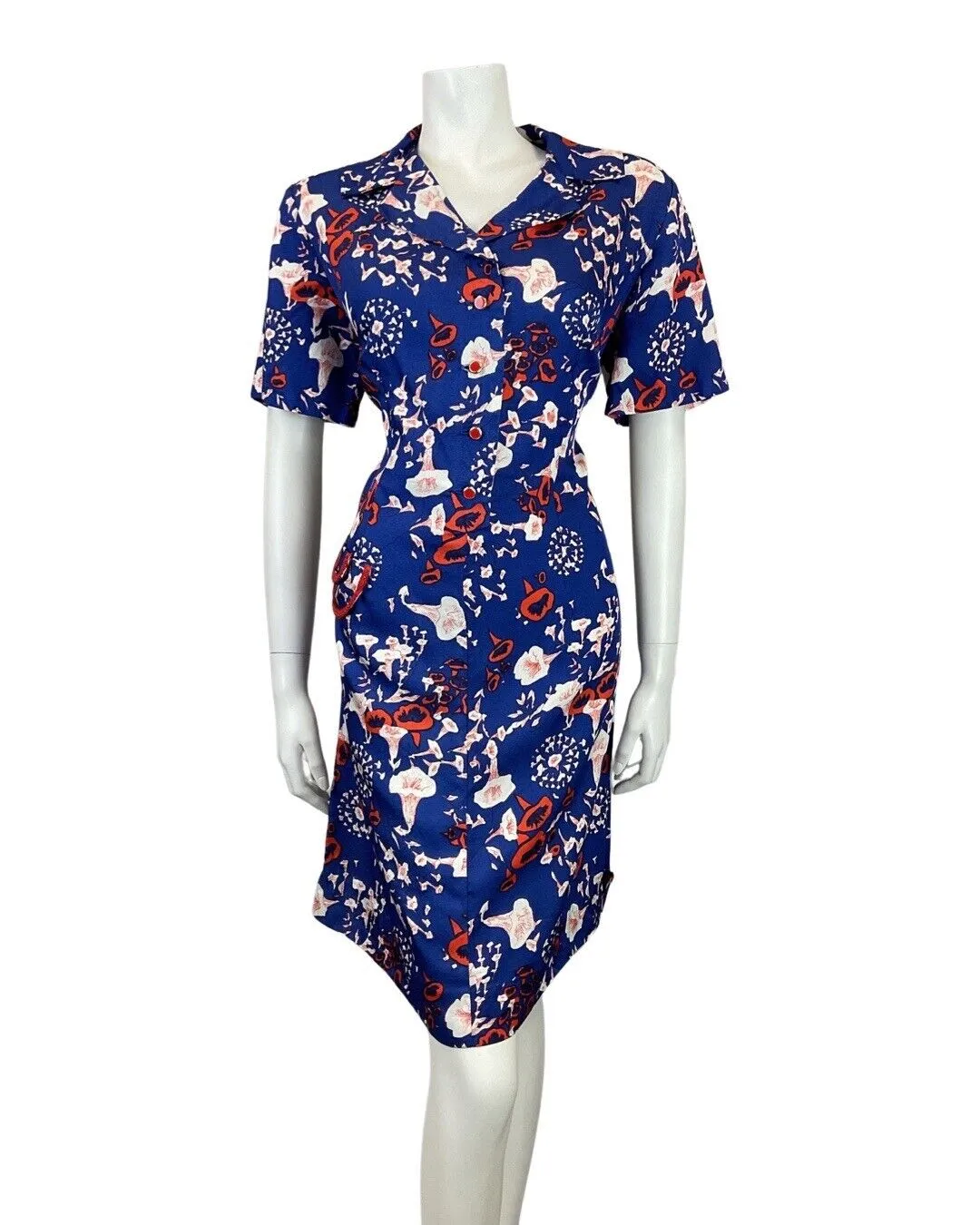VINTAGE 60s 70s BLUE RED WHITE FLORAL PSYCHEDELIC GLITTERY MOD SHIRT DRESS 14 16