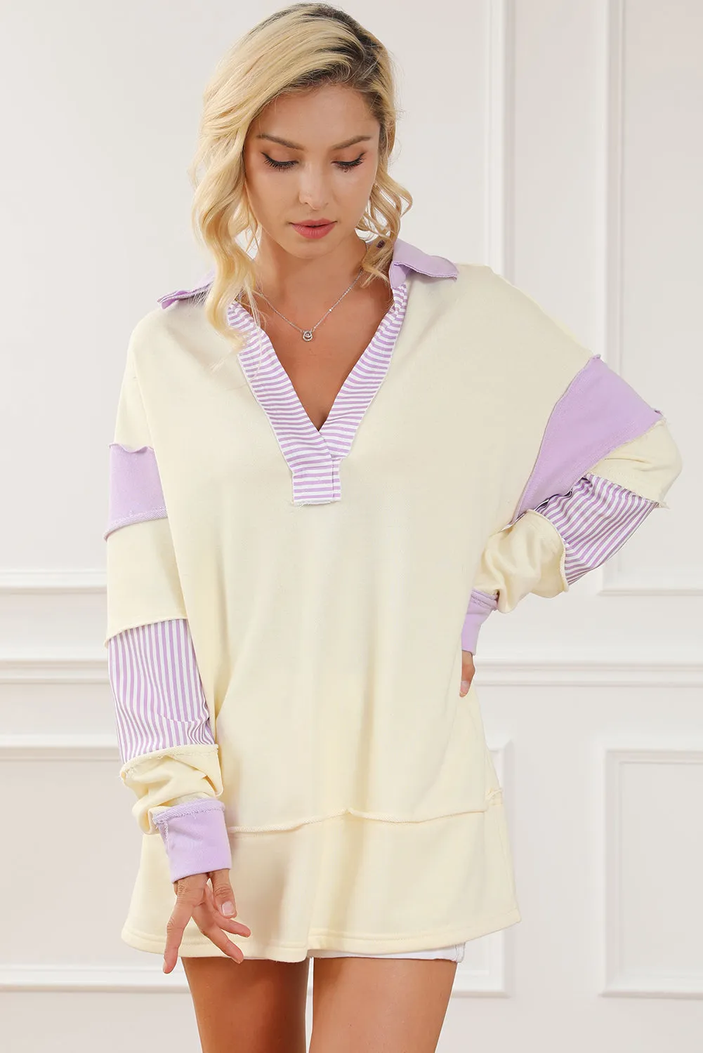 Yellow Colorblock Striped Split Neck Collared Sweatshirt